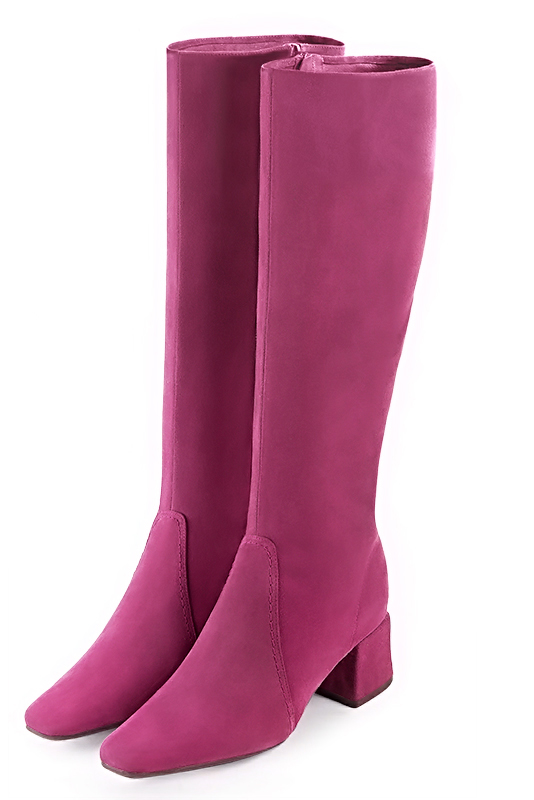 Fuschia pink women's feminine knee-high boots. Square toe. Medium block heels. Made to measure. Front view - Florence KOOIJMAN